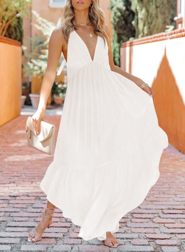 White Halter Neck Deep V Backless Asymmetric Maxi Dress
