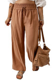 Brown Drawstring Smocked Waist Wide Leg Plus Size Pants