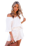 White Relaxed V Neck Blouse and Drawstring Raw Hem Shorts Set