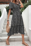 Black Spot Split V Neck Ruffles Midi Dress