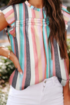 Green Striped Color Block Ruffled O-neck Sleeveless Top