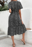 Black Spot Split V Neck Ruffles Midi Dress