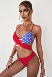 Red American Flag Print Halter Neck Bikini Set