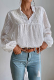 White Swiss Dot Drawstring Balloon Sleeve Babydoll Blouse