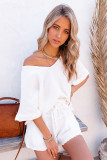White Relaxed V Neck Blouse and Drawstring Raw Hem Shorts Set