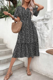 Black Spot Split V Neck Ruffles Midi Dress