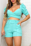 Wrapped Puff Sleeves Top and Short 2PCS Set