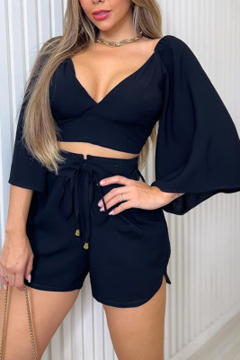 3/4 Flare Sleeves Top and HIgh Waist Shorts 2PCS Set