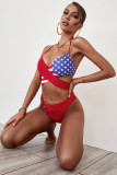 Red American Flag Print Halter Neck Bikini Set