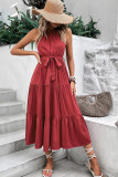 Burgundy Halter Sleeveless Tiered Dress With Sash