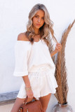 White Relaxed V Neck Blouse and Drawstring Raw Hem Shorts Set