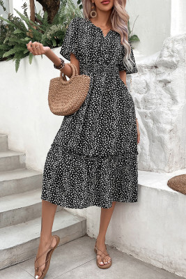 Black Spot Split V Neck Ruffles Midi Dress