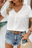 White V Neck Lace Edge Short Sleeves Top
