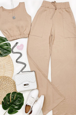 High Waist Pants and Crop Top Plain 2pcs Set