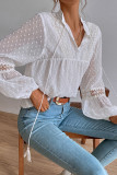 White Swiss Dot Drawstring Balloon Sleeve Babydoll Blouse