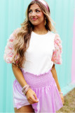 White 3D Floral Sleeve Round Neck Blouse