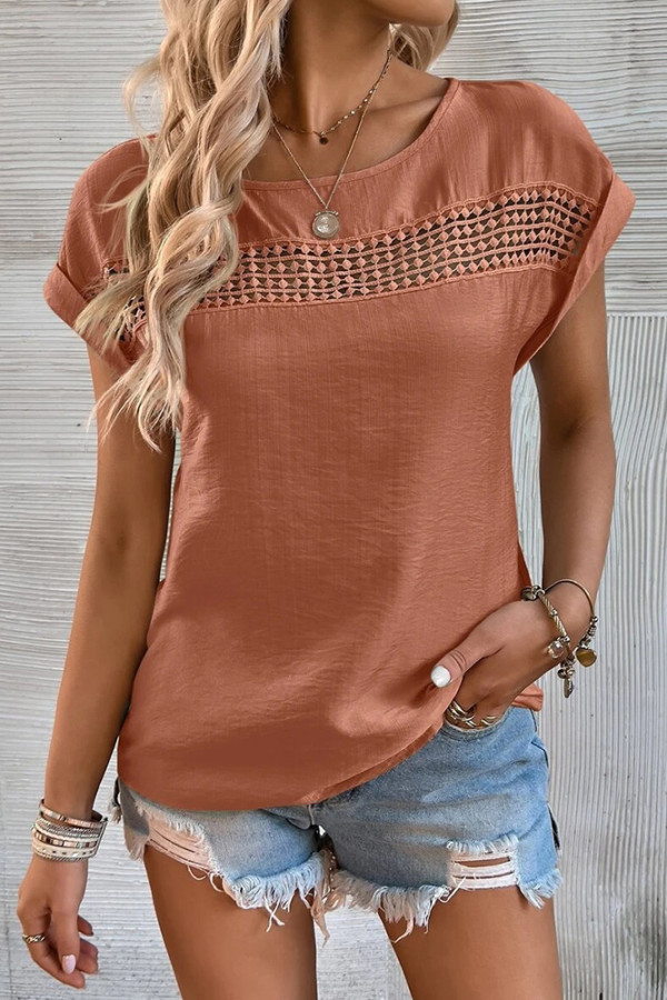 Plain Hollow Out Lace Splicing Short Sleeves Top