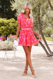 Floral Print Lace-up Frilled High Waist Mini Dress