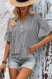 Black Stripes Ruffle Hem Splicing Blouse