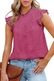 Rose Contrast Trim Ruffled Crew Neck Sleeveless Top