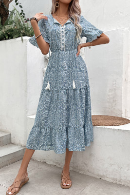 Puff Sleeves Tiered Splicing Printing Dress