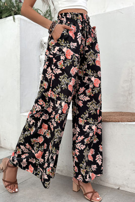 Black High Waist Floral Wide Leg Flare Pants