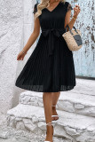 Black Lace Sleeves Waist Lace Up Smocked Dress