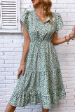 Green Flower Print Elastic Wasit Splicing Dress
