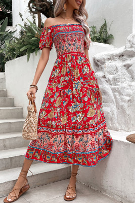 Red Off Shoulder Floral Ruffle Dress