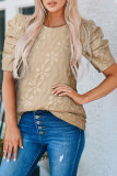 Apricot Floral Lace Ruched Bubble Sleeve Top