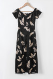 Black Pattern Print Off Shoulder Slit Bodycon Midi Dress