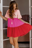 Pink Tie Button V Neck Short Flowy Sleeve Tiered Dress