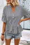 Black Stripes Ruffle Hem Splicing Blouse
