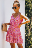 Red Floral Spaghetti Straps Ruffle Tiered Mini Dress
