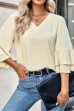 Plain V Neck Flare Tiered Sleeves Blouse