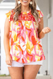 Multicolor Abstract Print Floral Embroidered Plus Size Blouse