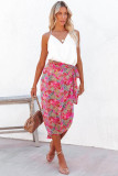 Red Tie Waist Floral Wrap Midi Skirt