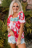 Red Floral Printed Embroidered Square Neck Blouse