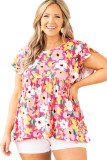 Rose Floral Round Neck Flutter Sleeve Plus Blouse
