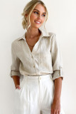Beige Roll Tab Long Sleeve Relaxed Linen Shirt