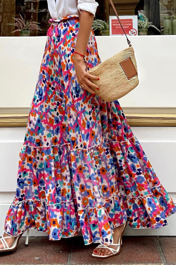 Multicolor Abstract Floral Print Tassel Tie Ruffle Maxi Skirt