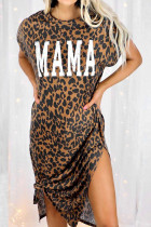 Leopard MAMA Letter Print Slit T-Shirt Dress