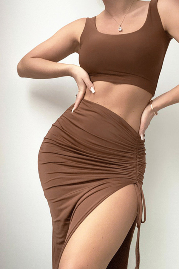 Plain Crop Tank Top With Side Ruched High Split Skirt Two Pieces Dress
