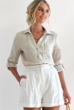 Beige Roll Tab Long Sleeve Relaxed Linen Shirt