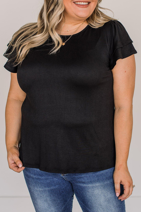 Black Plus Size Solid Color Ruffled Short Sleeve Top