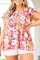 Rose Floral Round Neck Flutter Sleeve Plus Blouse