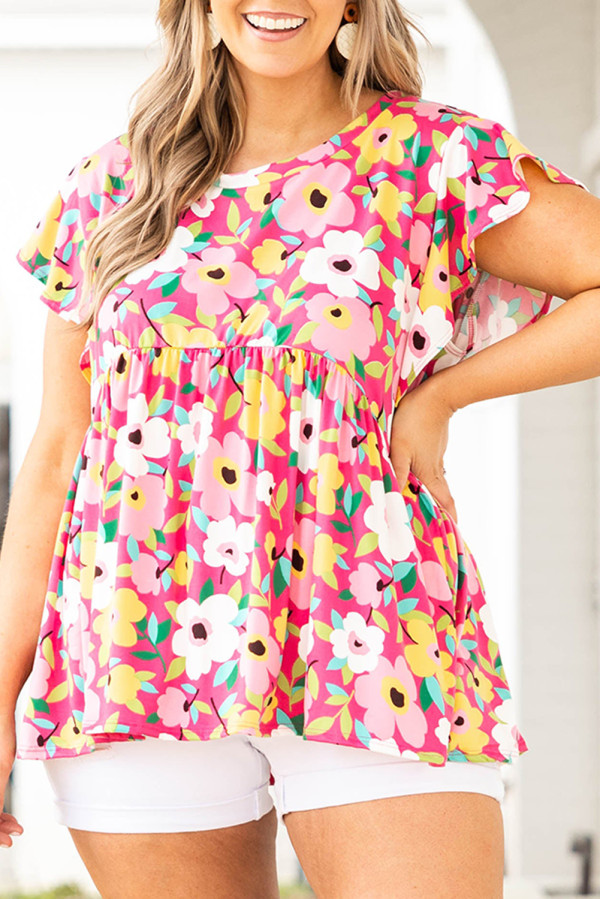 Rose Floral Round Neck Flutter Sleeve Plus Blouse