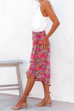 Red Tie Waist Floral Wrap Midi Skirt