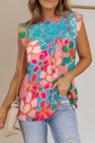 Pink Embroidered Detail Floral Print Ruffle Trim Tank Top