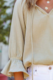 Green Textured Ruffled 3/4 Sleeve Drawstring V Neck Top